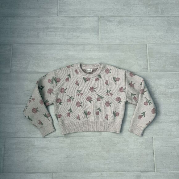 Lelis Light Pink Floral Sweater Rose Dusty Blush Crop Long Sleeve Drop Shoulder - Picture 2 of 8
